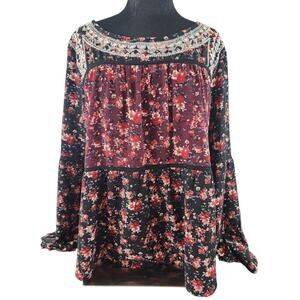Know Rose XL lace up back floral cottage core boho black red long sleeve blouse